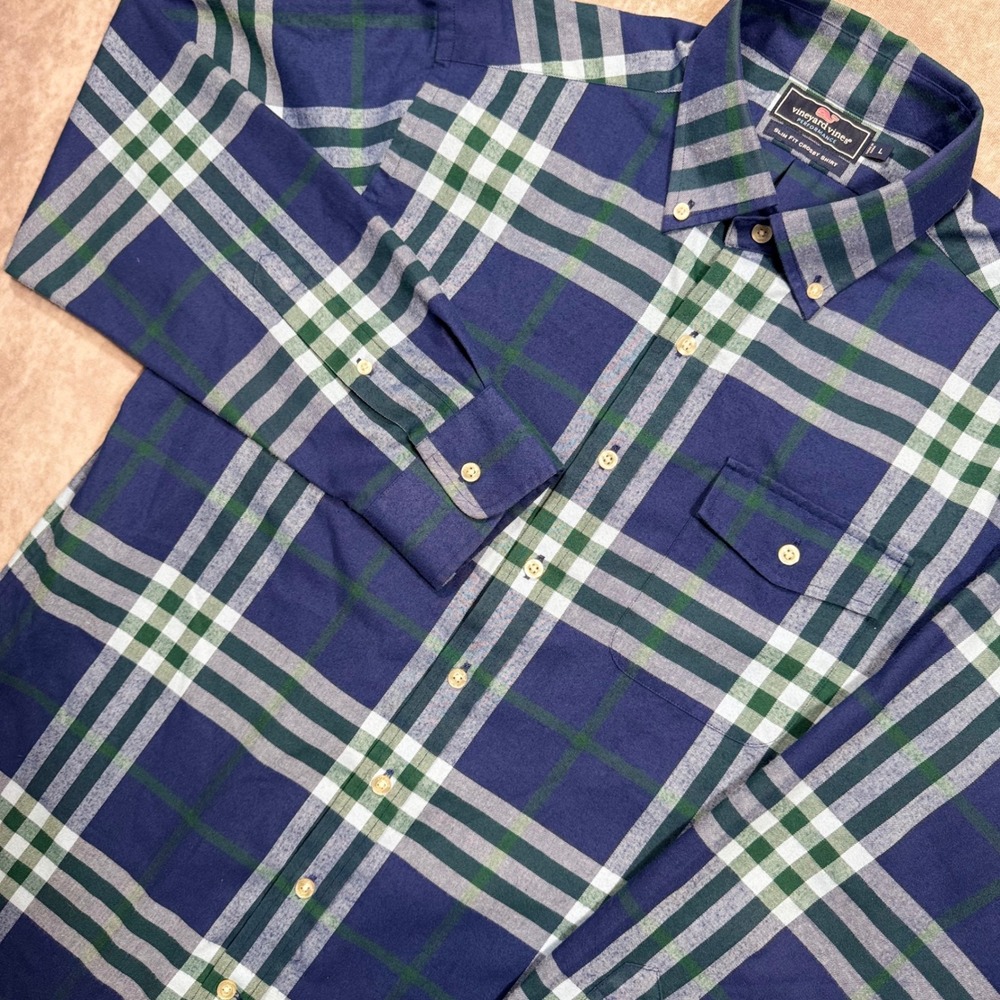 Vineyard Vines Performance Slim Fit Crosby Shirt Navy Green Plaid Mens L